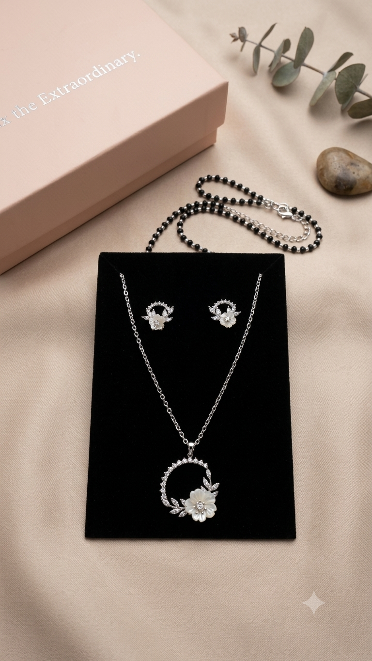 Silver Floral Modern Mangalsutra with matching earrings.