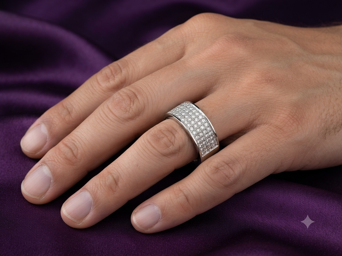 Men’s Sterling Silver Diamond Band – 5-Row Micro CZ Wedding & Anniversary Ring