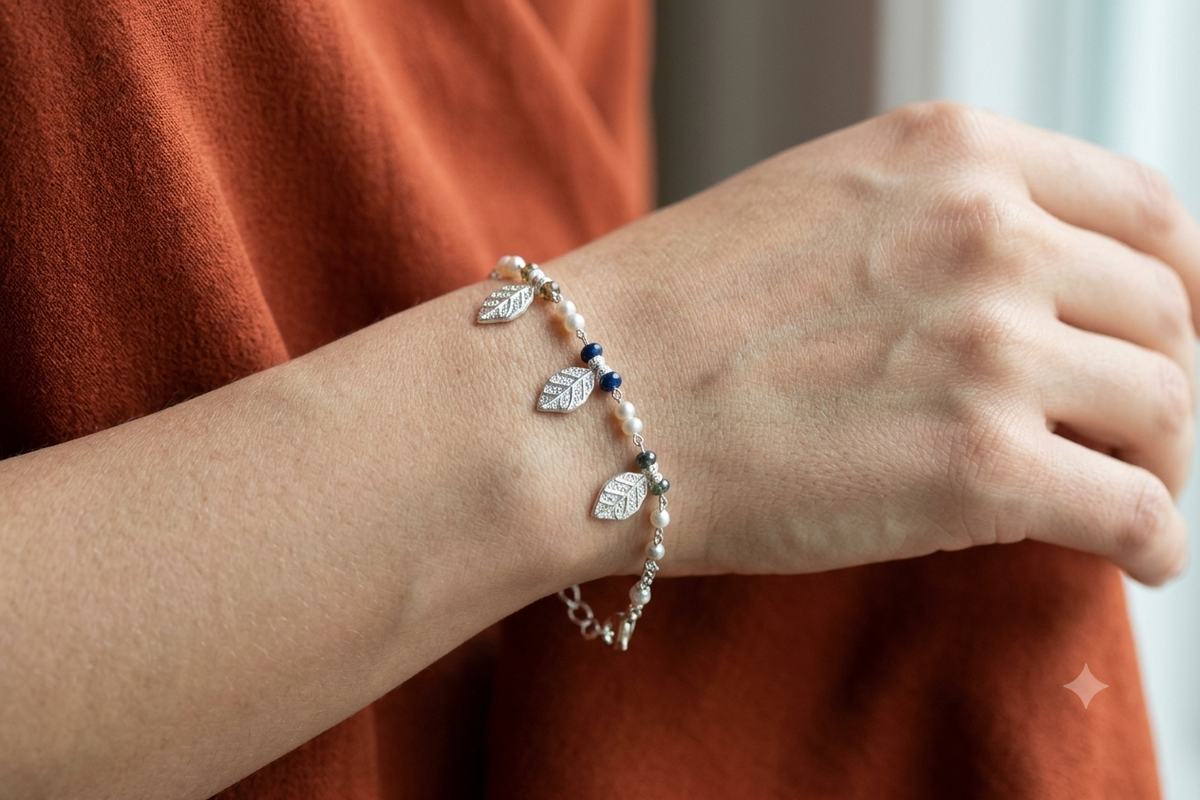 Silver Charm Bracelet with Shimmer Leaf Drops & Multicolour Beaded Accents