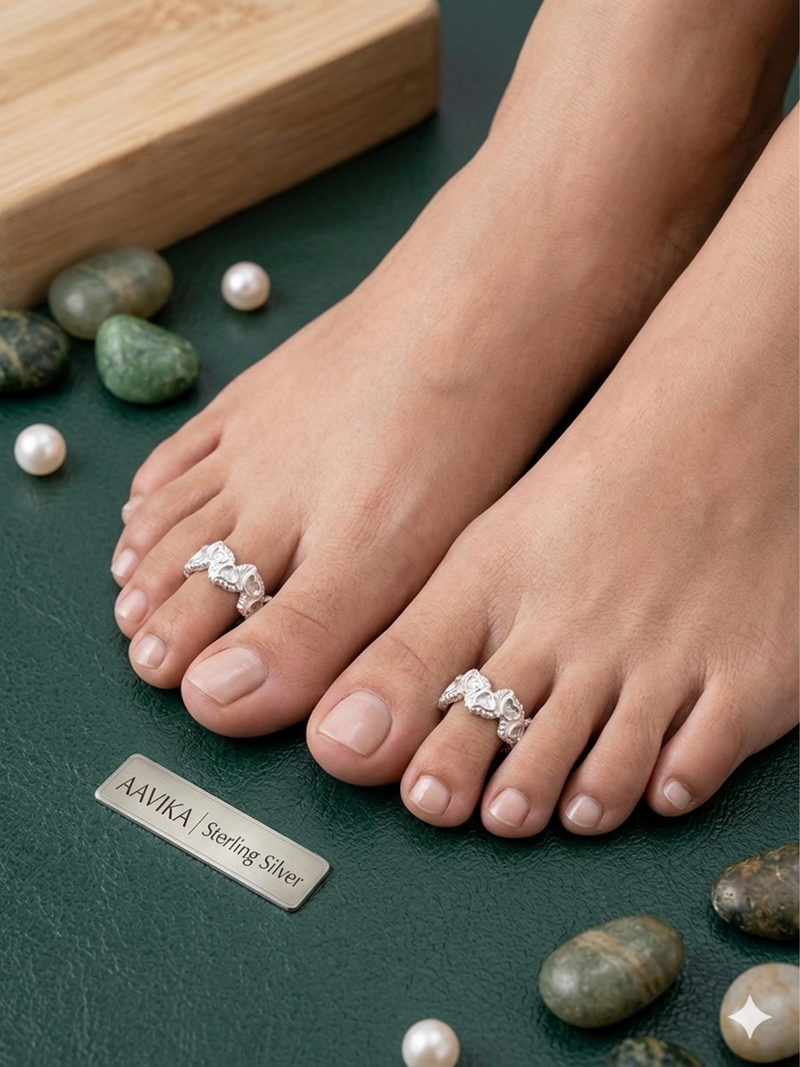 Aavika Sterling Silver Geometric Mosaic Toe Rings – Enamel Pattern (Pair)