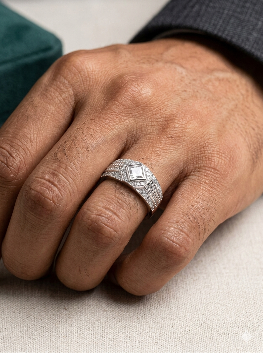 Men’s Kite-Set Princess Cut Diamond Signet Band Ring in 925 Silver