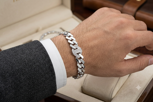 Silver Men's Miami Cuban Link Bracelet – CZ Encrusted Geometric Accent Chain Bracelet