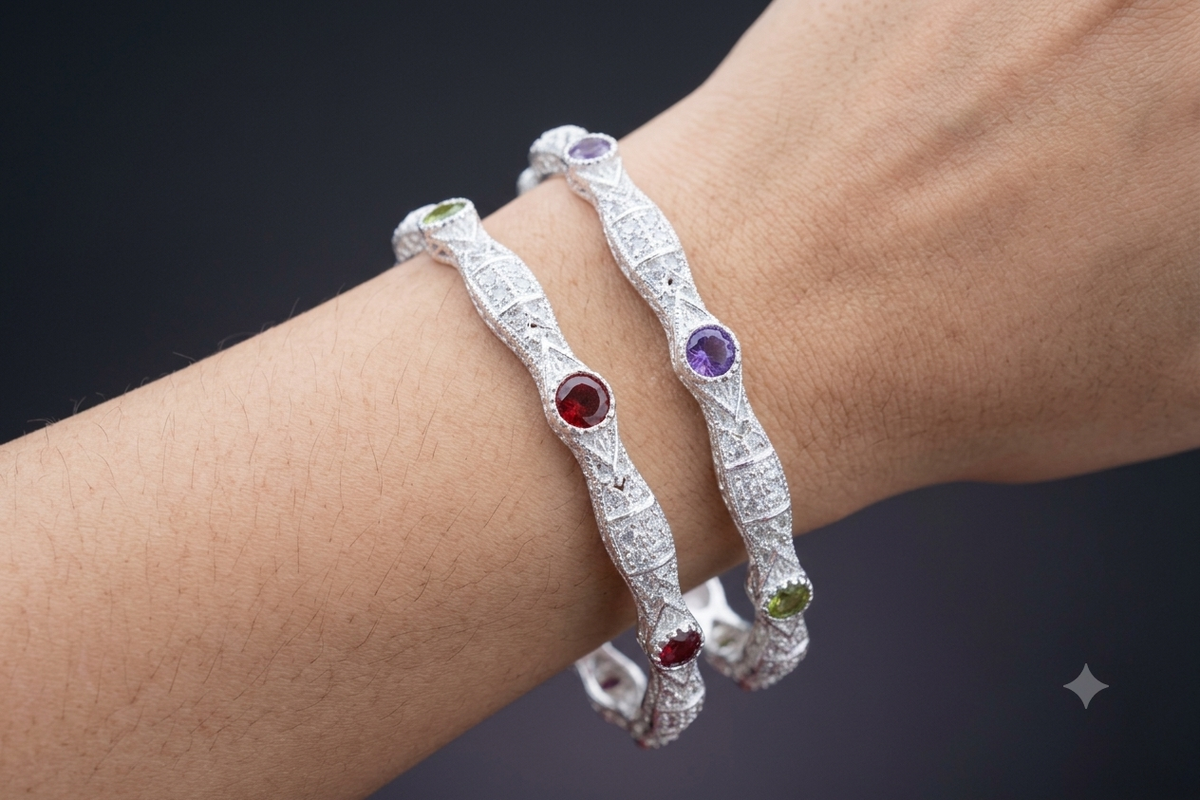 Navratna-Inspired Multi-Gemstone Kids Silver Bangle Pair for 2 to 4 year age