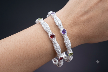 Navratna-Inspired Multi-Gemstone Kids Silver Bangle Pair for 2 to 4 year age