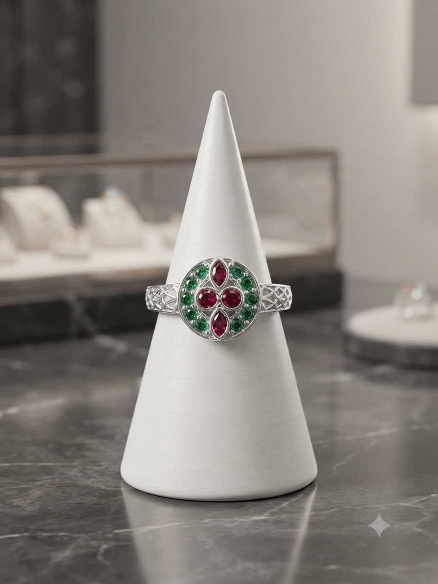 Ruby Pink & Emerald Green Floral Silver Toe Rings (Bichhiya)