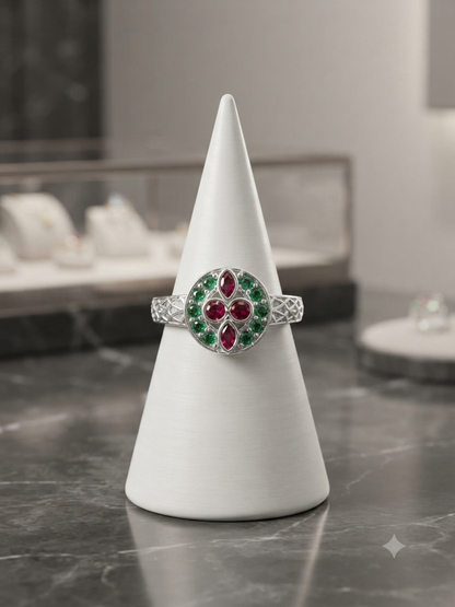 Ruby Pink & Emerald Green Floral Silver Toe Rings (Bichhiya)