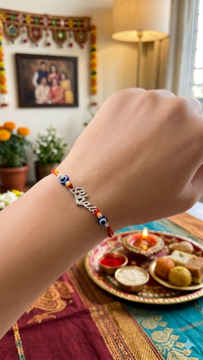Silver "Bhai" Rakhi with Evil Eye Accents ( set of 3 )