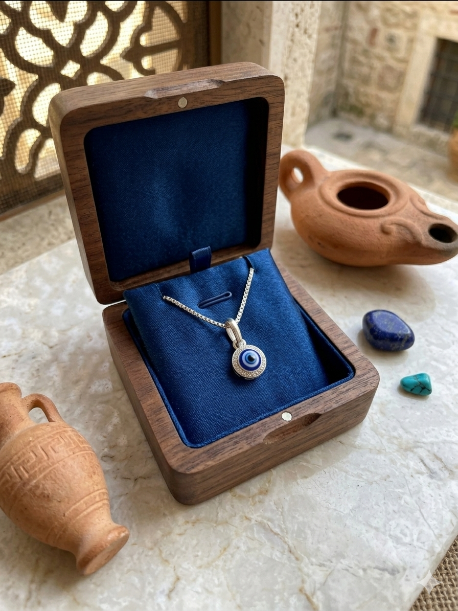 Sterling Silver Evil Eye Pendant with Box Chain