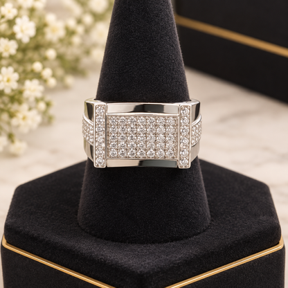 Men’s Rectangular Diamond Signet Ring with Openwork Ladder Shoulders in 925 Silver
