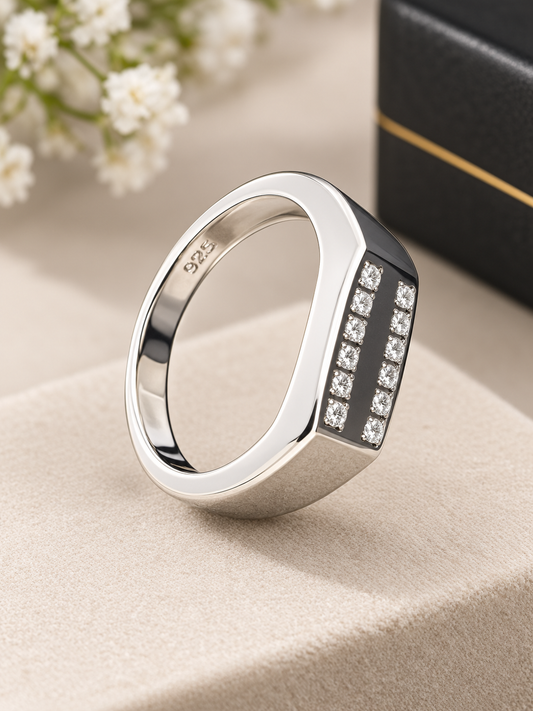 Men’s Dual-Row Cubic Zirconia Sterling Silver Signet Ring