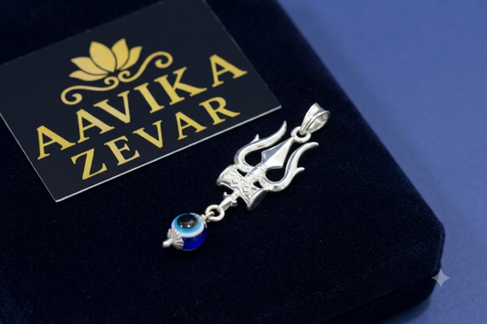 Silver Trishul Pendant with Evil Eye Charm | Spiritual Mahadev Jewelry