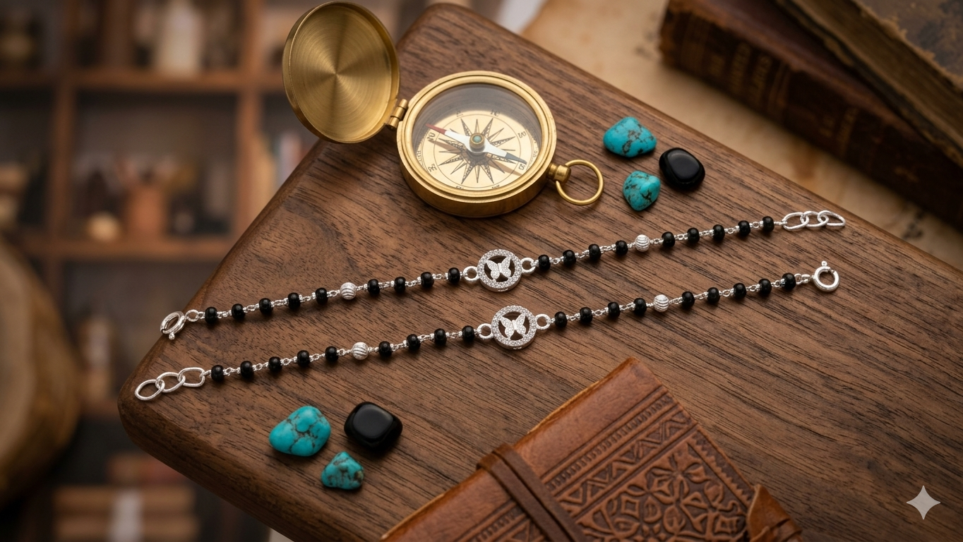 Silver nazariya with Black beads and buterfly center piece