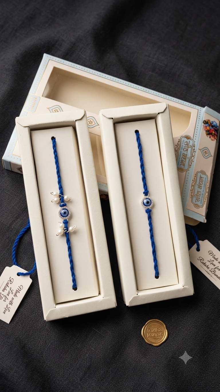 Silver Blue Evil Eye & Pearl Bhaiya Bhabhi Rakhi Set