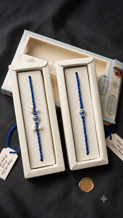Silver Blue Evil Eye & Pearl Bhaiya Bhabhi Rakhi Set