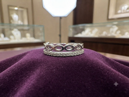 Sterling Silver Openwork Oval Lace & Band Ring – Dual-Row Crown Stacking Statement Band