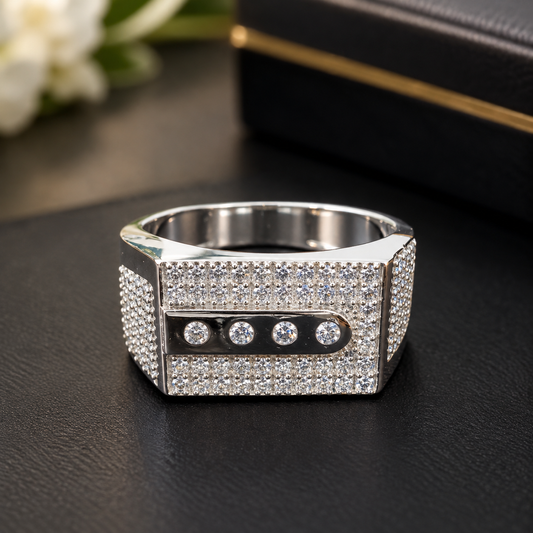 Men’s Diamond Signet Ring with Flush-Set Multi-Stone Center Bar in 925 Silver