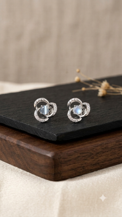Interlocking Clover Moonstone Stud Earrings in Sterling Silver