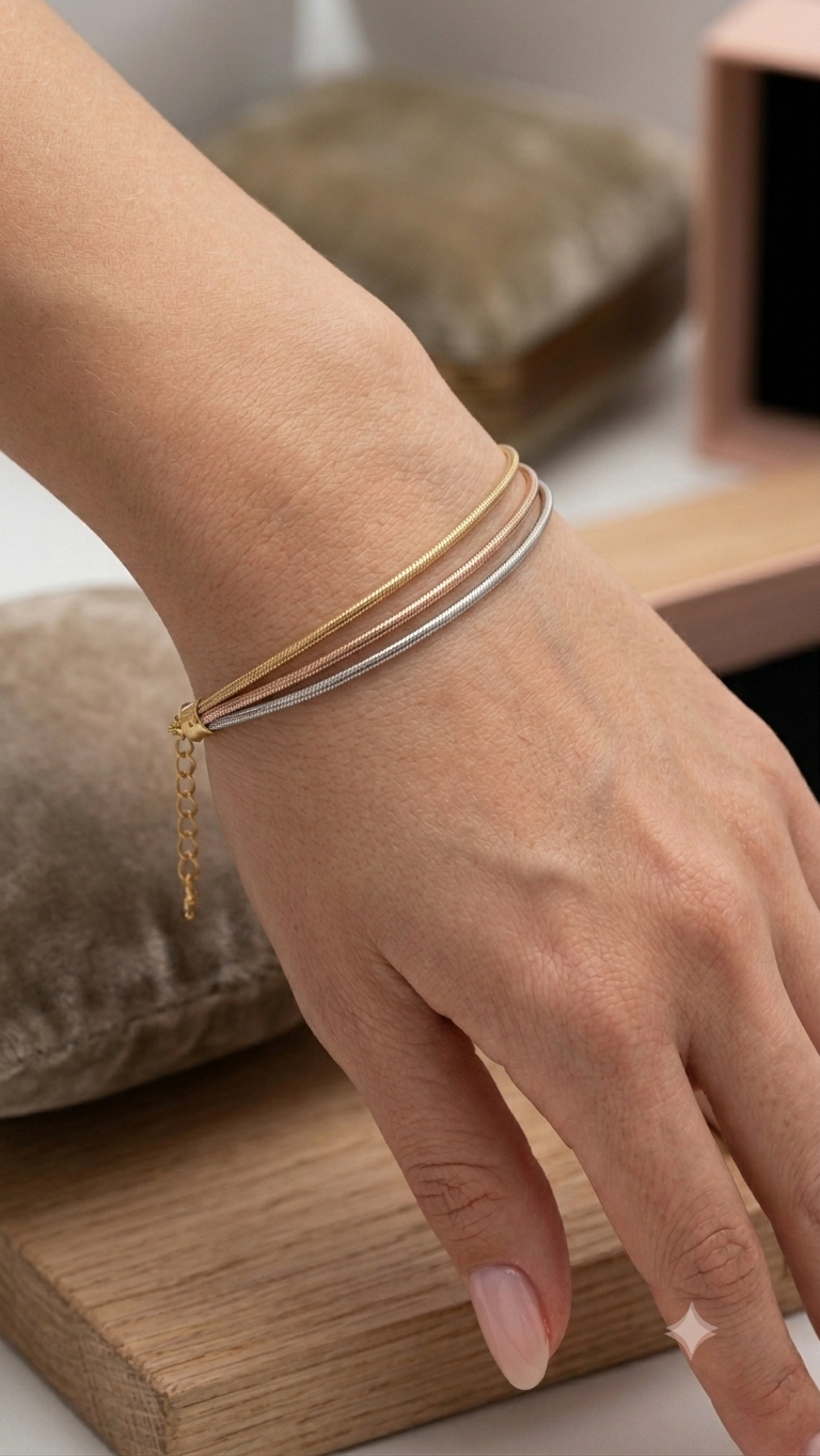 Tri-Tone Multi-Strand Snake Chain Bracelet