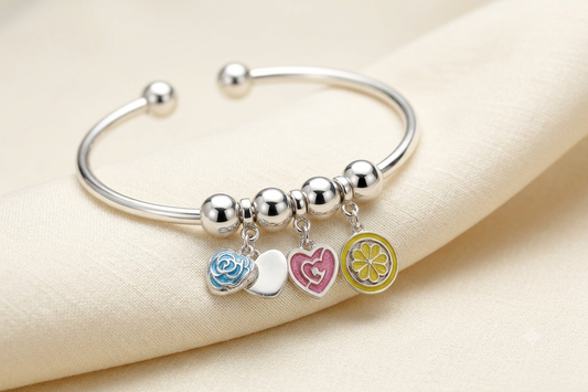 925 Sterling Silver Charm Bangle Bracelet with Colorful Enamel Pendants