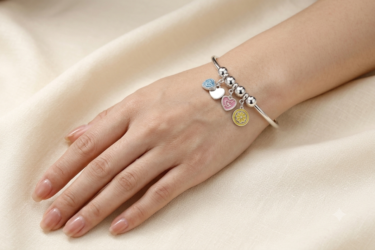 925 Sterling Silver Charm Bangle Bracelet with Colorful Enamel Pendants
