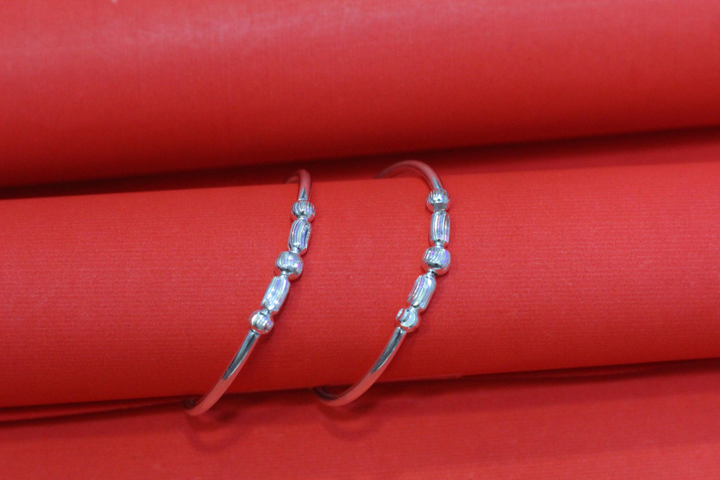 Kids Silver Textured Bead adjustable Bangle Set (Pair)