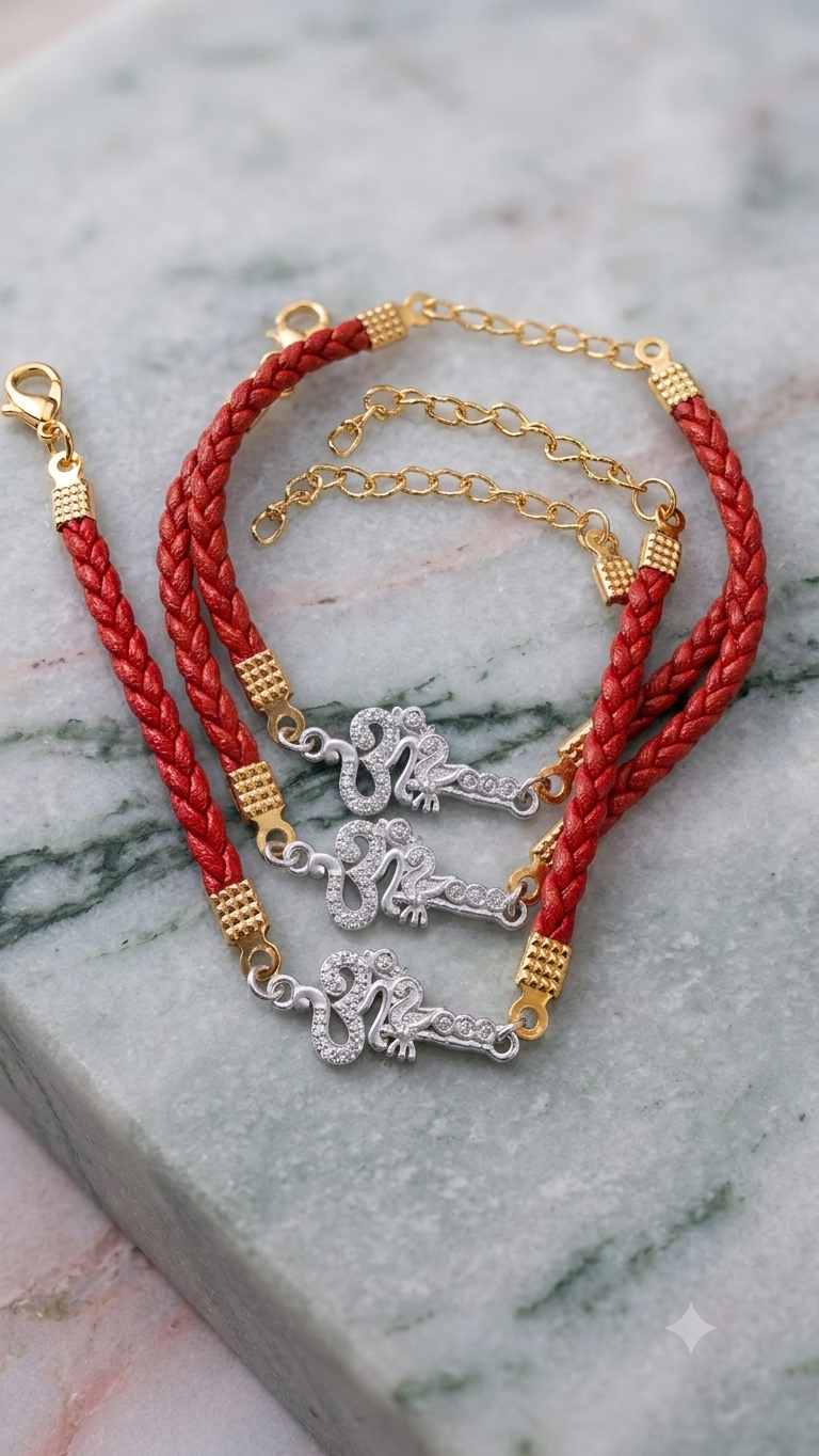 Silver & CZ "Om" Red Braided Leatherette Rakhi (set of 2)