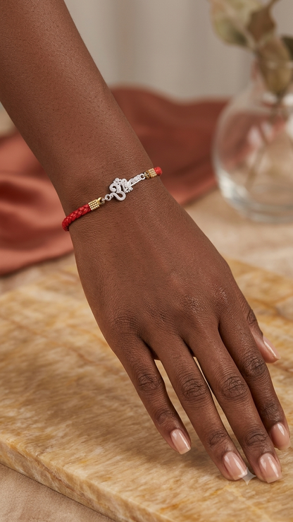 Silver & CZ "Om" Red Braided Leatherette Rakhi (set of 2)