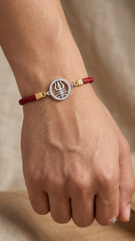 Silver & CZ "Trishul with Tripundra" Red Braided Leatherette Rakhi
( set of 3 )