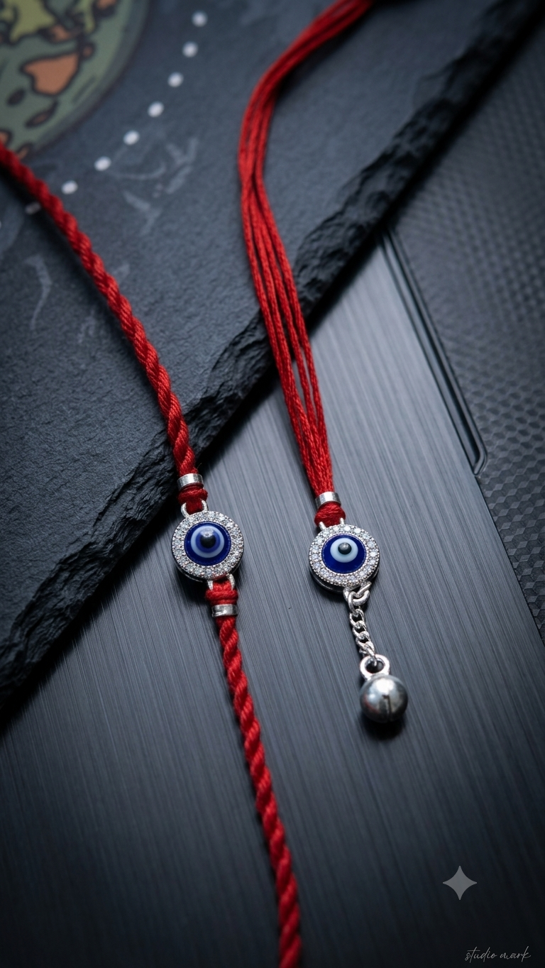 Silver Evil Eye Bhaiya Bhabhi Rakhi Set