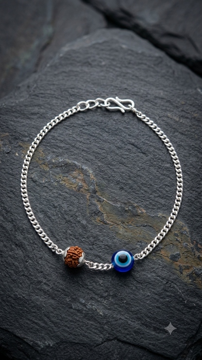 Silver Chain Bracelet with Evil Eye & Rudraksha Bead