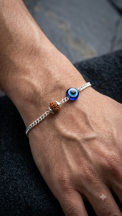 Silver Chain Bracelet with Evil Eye & Rudraksha Bead