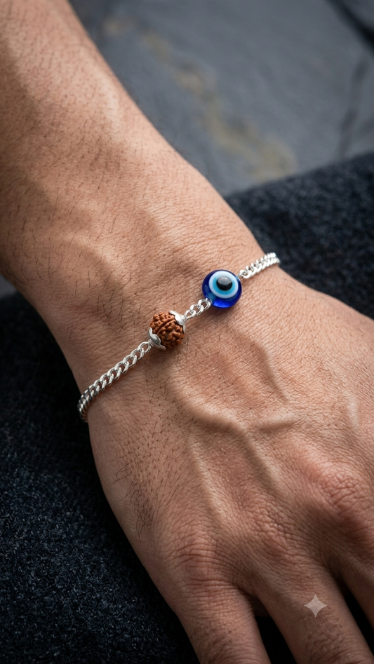 Silver Chain Bracelet with Evil Eye & Rudraksha Bead