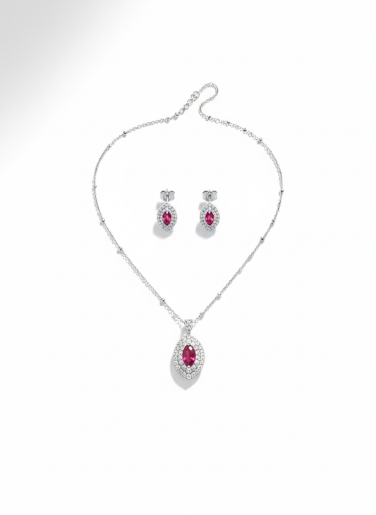Aavikazevar 925 Sterling Silver pink color stone Pendant Necklace with Matching Stud Earrings | Cubic Zirconia Diamond-Look Jewellery Set for Women & Girls