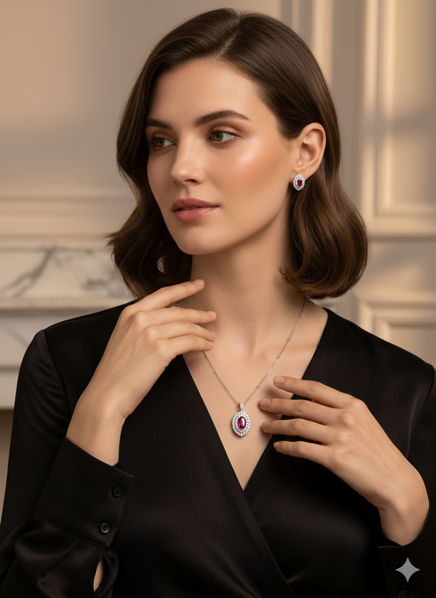 Aavikazevar 925 Sterling Silver pink color stone Pendant Necklace with Matching Stud Earrings | Cubic Zirconia Diamond-Look Jewellery Set for Women & Girls