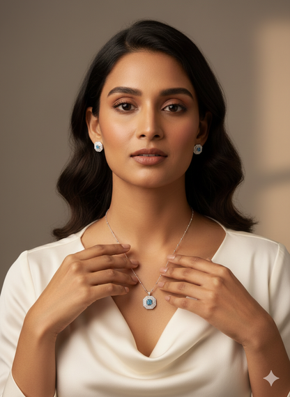 Aavikazevar 925 Sterling Silver squre Pendant Necklace with Matching Stud Earrings | Cubic Zirconia Diamond-Look Jewellery Set for Women & Girls