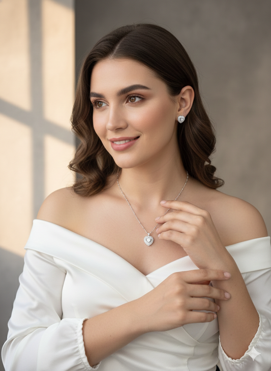 Aavikazevar 925 Sterling Silver heart Pendant Necklace with Matching Stud Earrings | Cubic Zirconia Diamond-Look Jewellery Set for Women & Girls