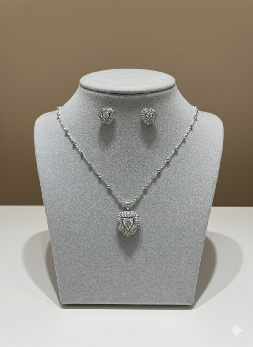 Aavikazevar 925 Sterling Silver heart Pendant Necklace with Matching Stud Earrings | Cubic Zirconia Diamond-Look Jewellery Set for Women & Girls