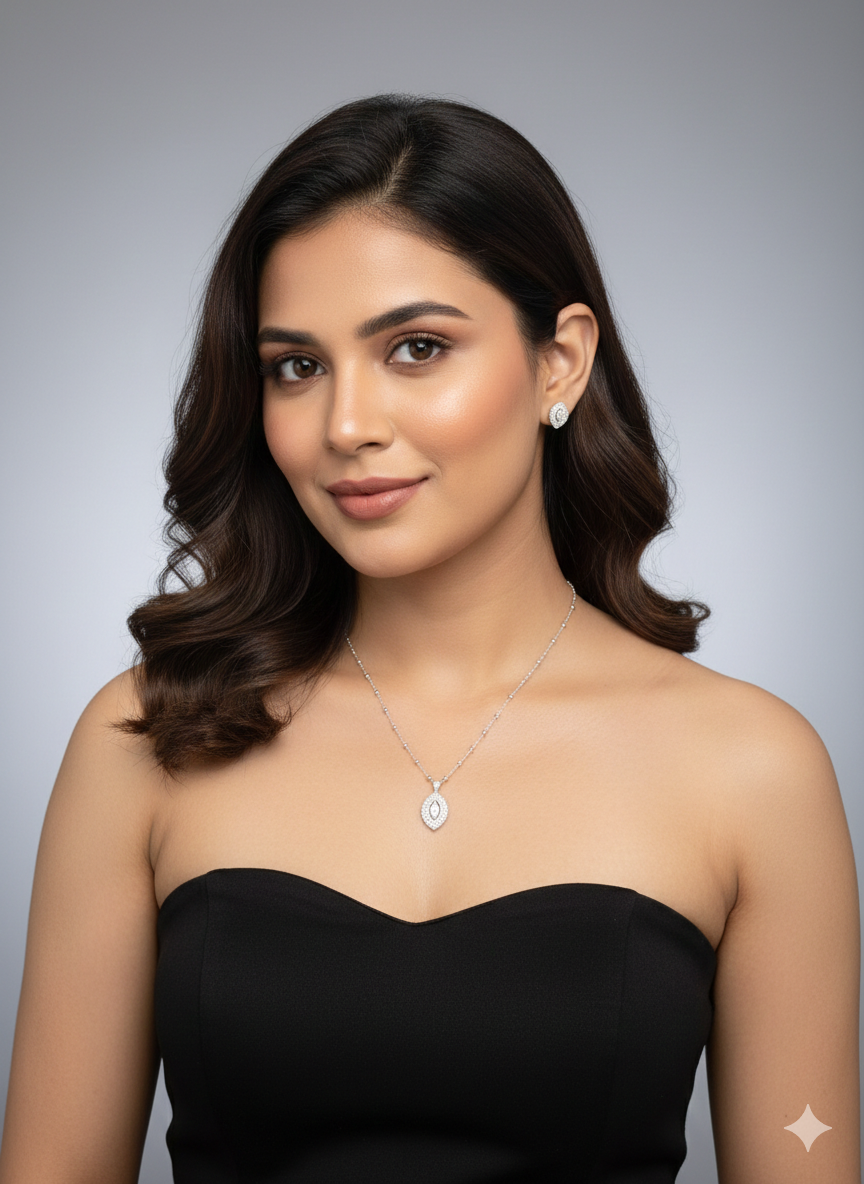 Aavikazevar 925 Sterling Silver Pendant Necklace with Matching Stud Earrings | Cubic Zirconia Diamond-Look Jewellery Set for Women & Girls