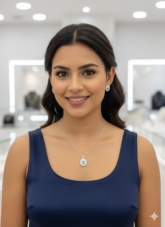 Aavikazevar 925 Sterling Silver round Pendant Necklace with Matching Stud Earrings | Cubic Zirconia Diamond-Look Jewellery Set for Women & Girls