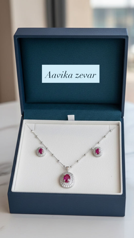 Aavikazevar 925 Sterling Silver round pink Pendant Necklace with Matching Stud Earrings | Cubic Zirconia Diamond-Look Jewellery Set for Women & Girls