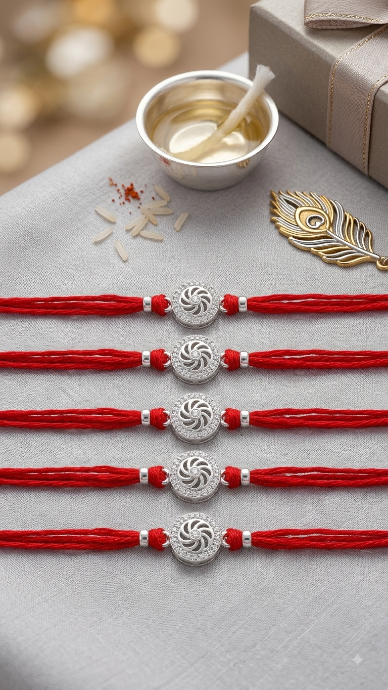 Silver Swirl CZ Rakhi / Sacred Thread Bracelet for Men ( set of 3/5 )