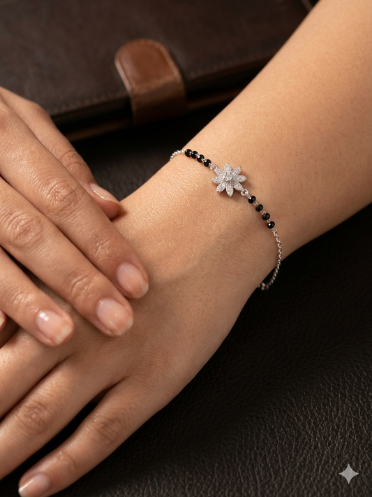 925 Sterling Silver Bracelet for Women | Classic black beeds and CZ Diamond Bracelet | Elegant Party & Daily Wear Jewellery