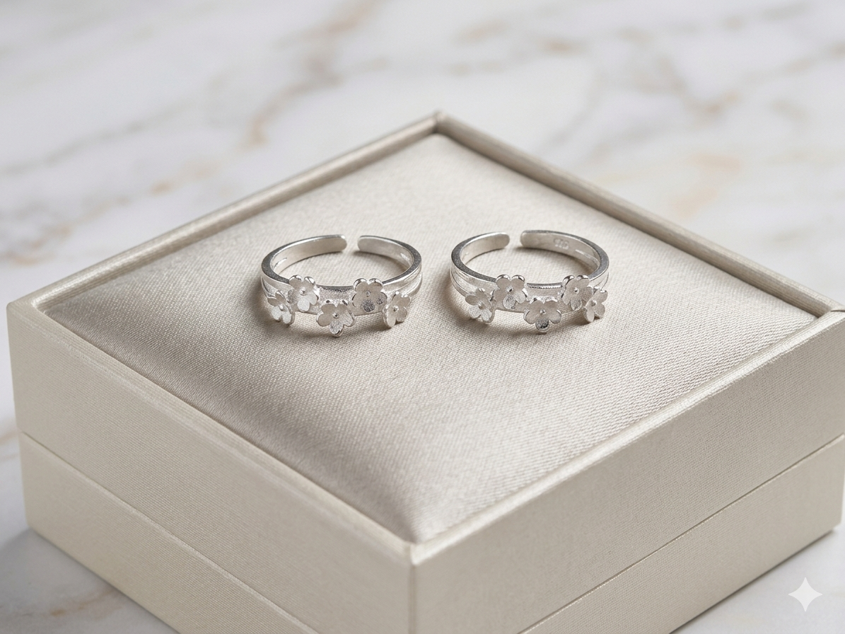 Traditional flower Silver Bichiya for Women | italian 925 silver Toe Rings | Adjustable Fit | Everyday Wear