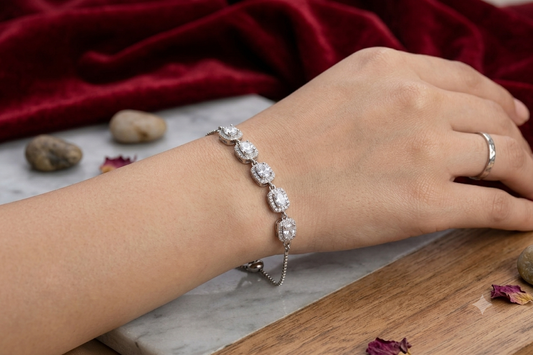 925 Sterling Silver Geometric Halo CZ Adjustable Bolo Bracelet