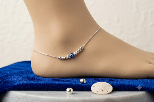 925 Sterling Silver Simple Box Chain Anklet with evil eye Bead Accents for Women & Girls – Lightweight Daily Wear Payal pair
