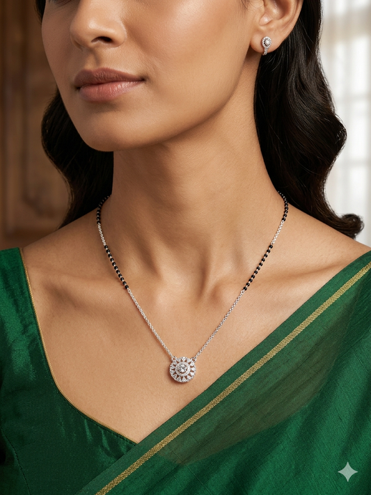 Italian Silver 925 Hallmarked Mangalsutra for Women |CZ Pendant | Black Beads Chain | Daily Wear & Gift for Wife