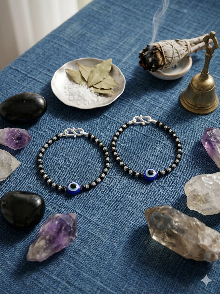 Silver evil eye nazariya with Black beads