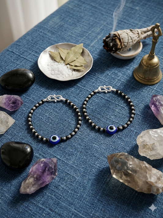 Silver Evil Eye Nazariya Bracelets – Minimalist Black Bead Set