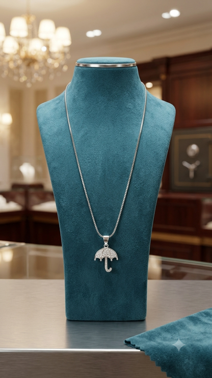 925 Silver Umbrella Pendant Necklace – Sparkling Zirconia Parasol Charm Jewelry for Women
