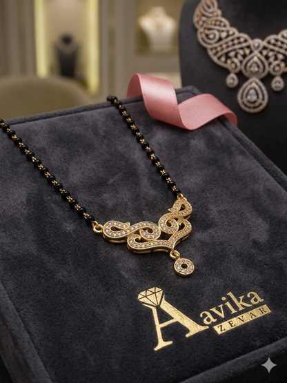 Aavika Zevar Gold Plated Contemporary American Diamond silver Mangalsutra with Single-Line Black Beaded Chain